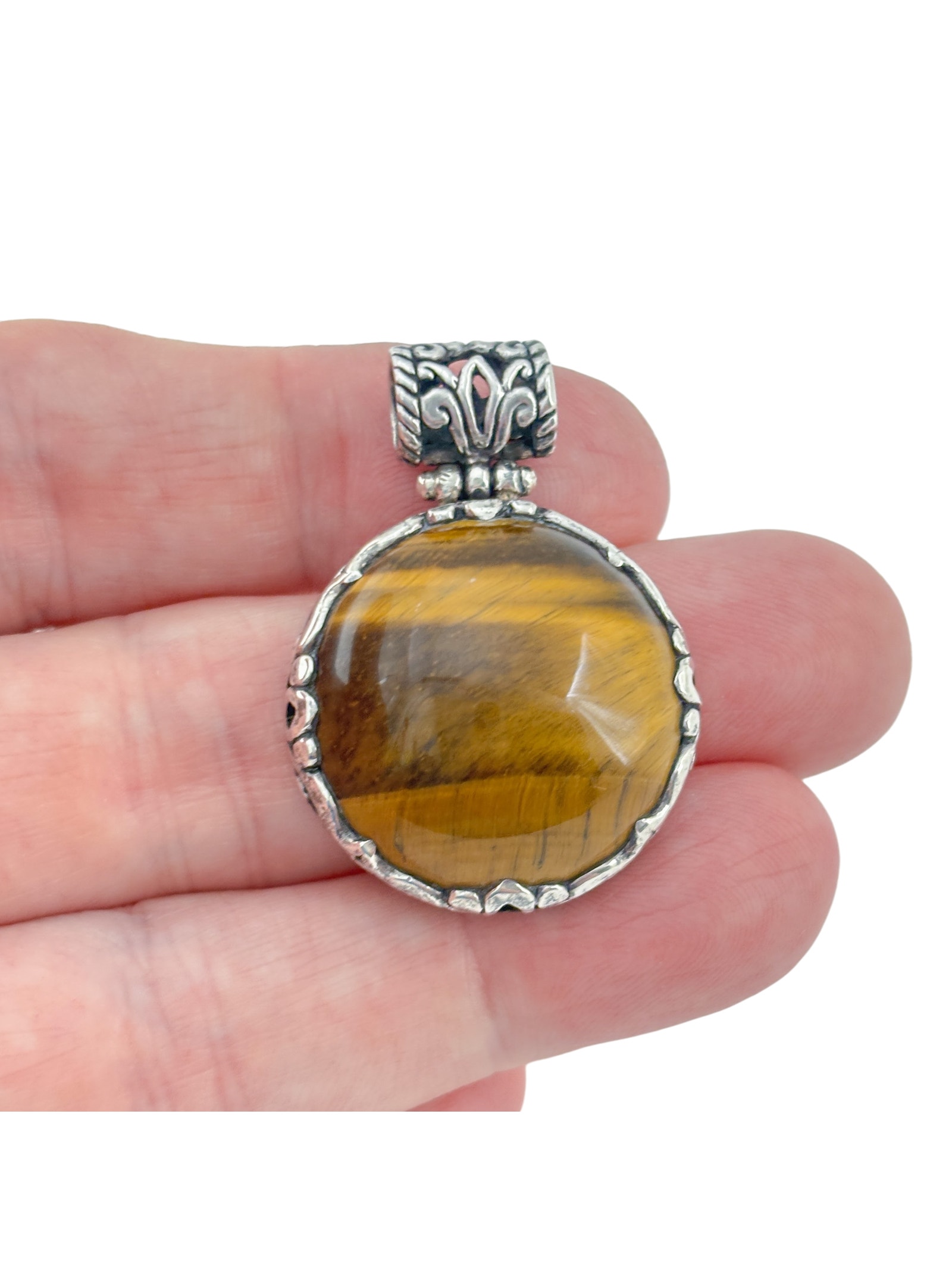 Vintage Sterling Silver 925 Scrollwork Tiger Eye Pendant